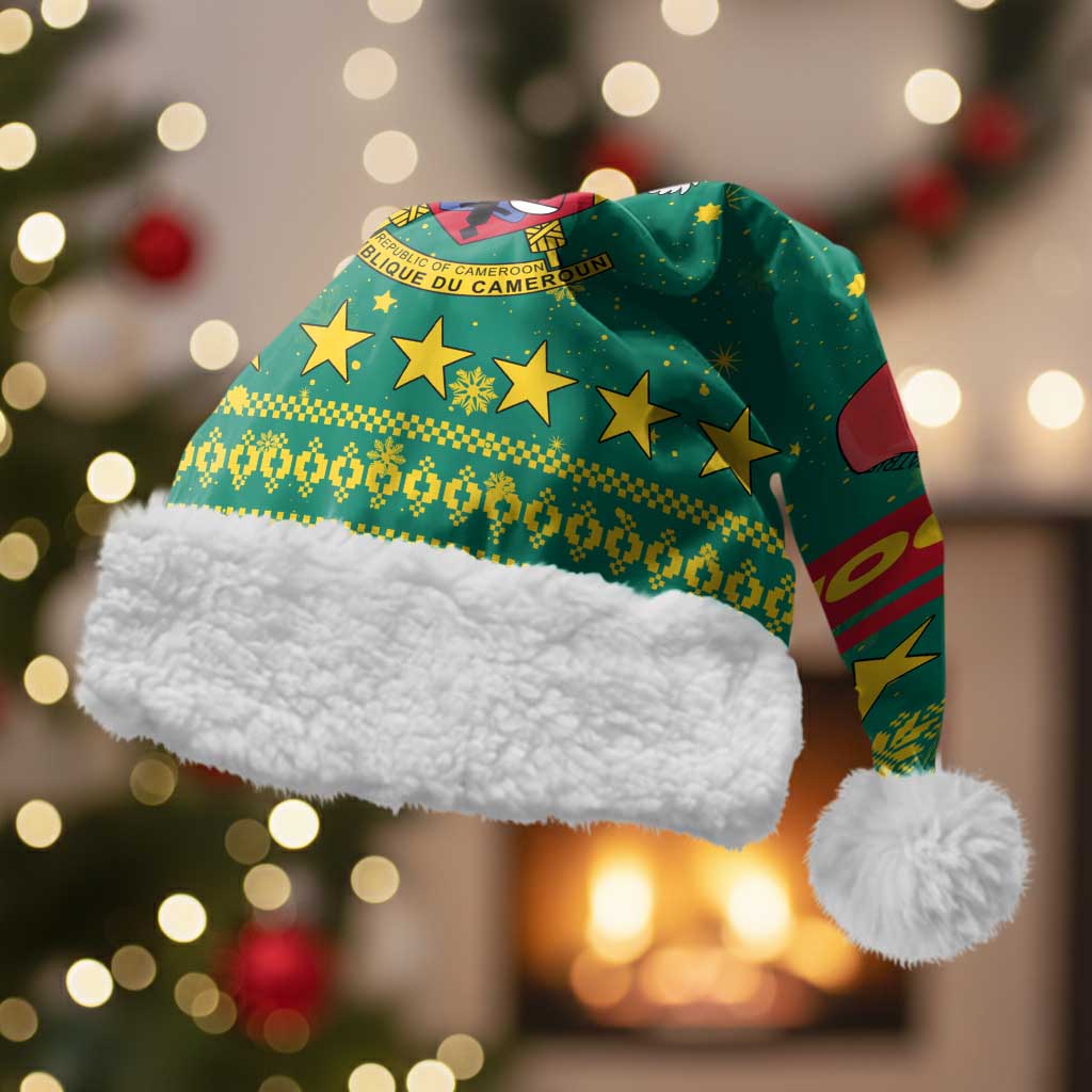 Cameroon Christmas Santa Hat with Green Red Pattern Coat of Arms Santa Hat and Stars Motif - Wonder Print Shop