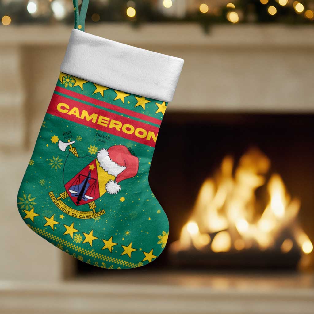 Cameroon Christmas Stocking with Green Red Pattern Coat of Arms Santa Hat and Stars Motif - Wonder Print Shop