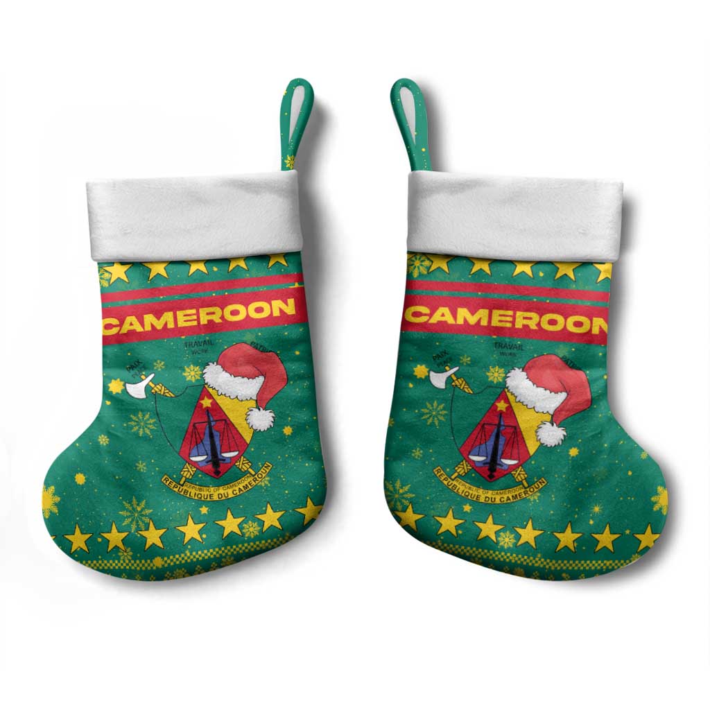 Cameroon Christmas Stocking with Green Red Pattern Coat of Arms Santa Hat and Stars Motif - Wonder Print Shop