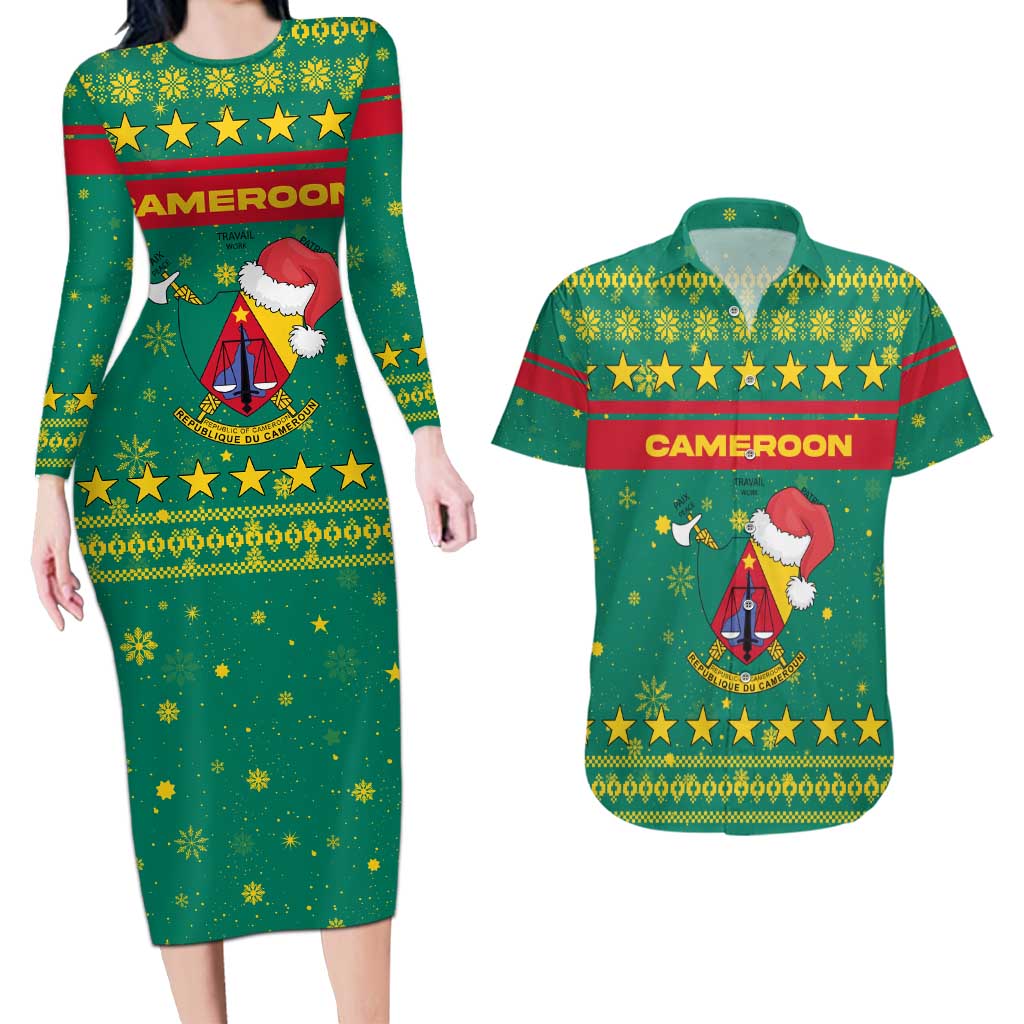Cameroon Christmas Couples Matching Long Sleeve Bodycon Dress and Hawaiian Shirt with Green Red Pattern Coat of Arms Santa Hat and Stars Motif - Wonder Print Shop