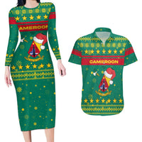 Cameroon Christmas Couples Matching Long Sleeve Bodycon Dress and Hawaiian Shirt with Green Red Pattern Coat of Arms Santa Hat and Stars Motif - Wonder Print Shop