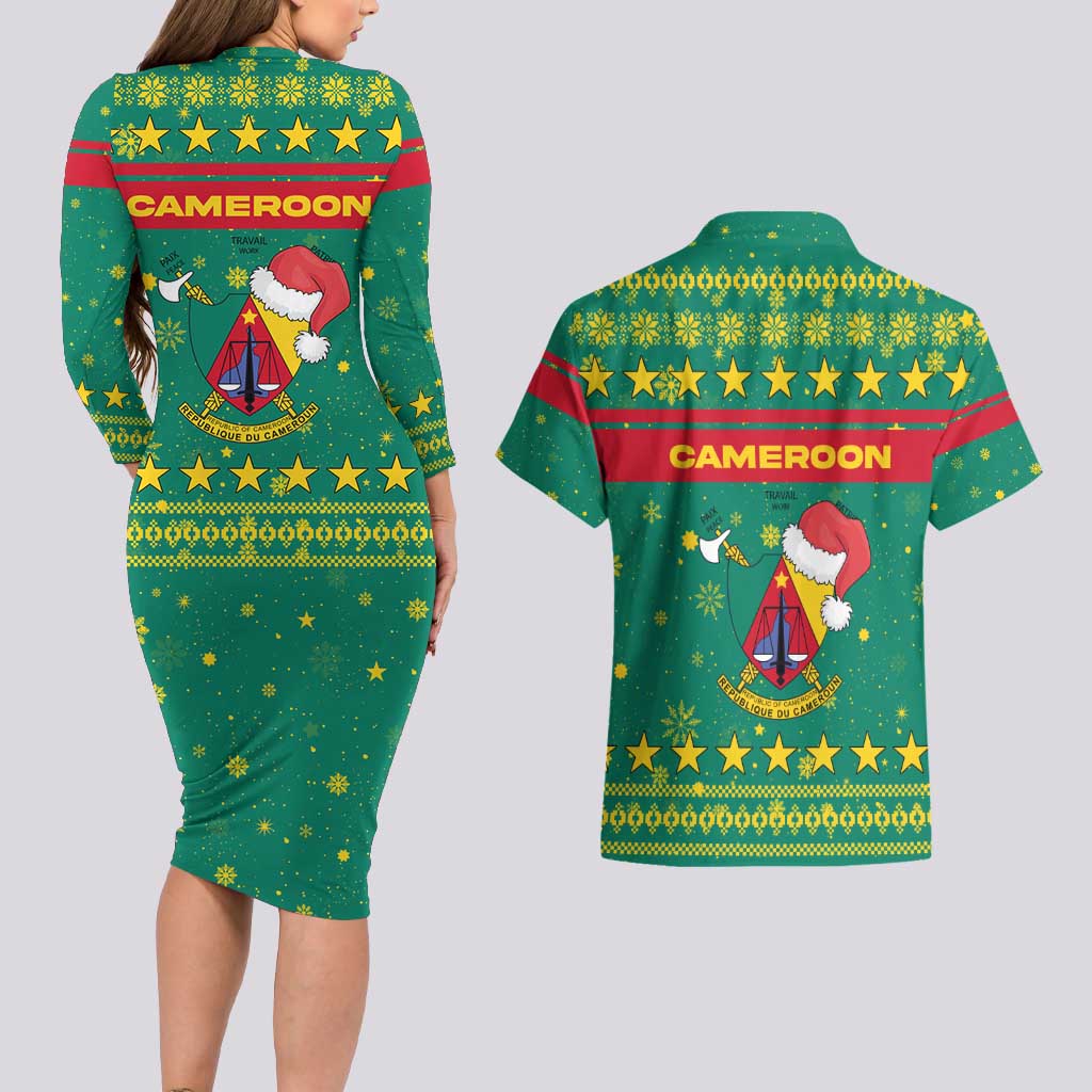 Cameroon Christmas Couples Matching Long Sleeve Bodycon Dress and Hawaiian Shirt with Green Red Pattern Coat of Arms Santa Hat and Stars Motif - Wonder Print Shop