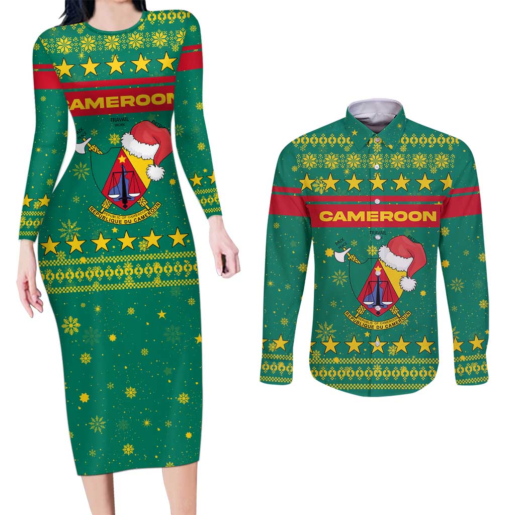 Cameroon Christmas Couples Matching Long Sleeve Bodycon Dress and Long Sleeve Button Shirt with Green Red Pattern Coat of Arms Santa Hat and Stars Motif - Wonder Print Shop