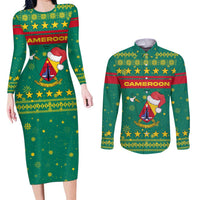 Cameroon Christmas Couples Matching Long Sleeve Bodycon Dress and Long Sleeve Button Shirt with Green Red Pattern Coat of Arms Santa Hat and Stars Motif - Wonder Print Shop