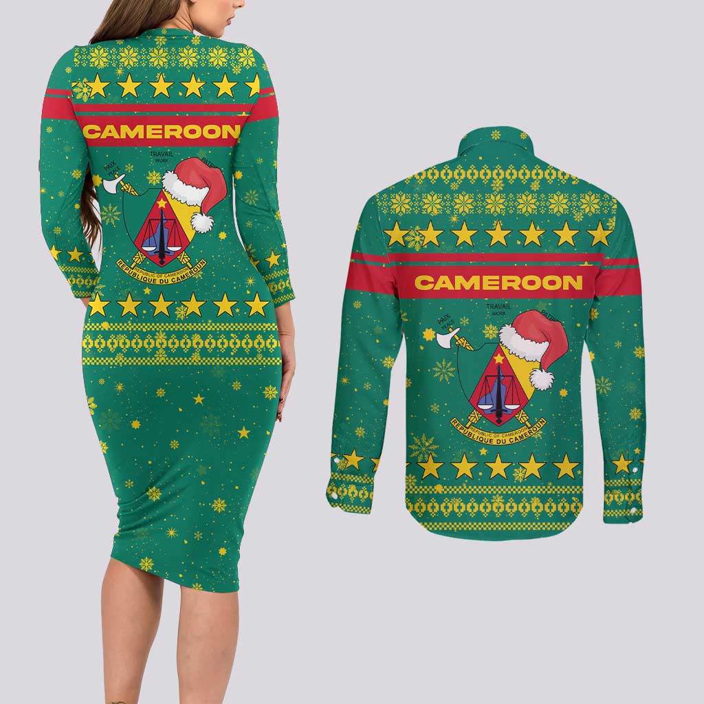 Cameroon Christmas Couples Matching Long Sleeve Bodycon Dress and Long Sleeve Button Shirt with Green Red Pattern Coat of Arms Santa Hat and Stars Motif - Wonder Print Shop