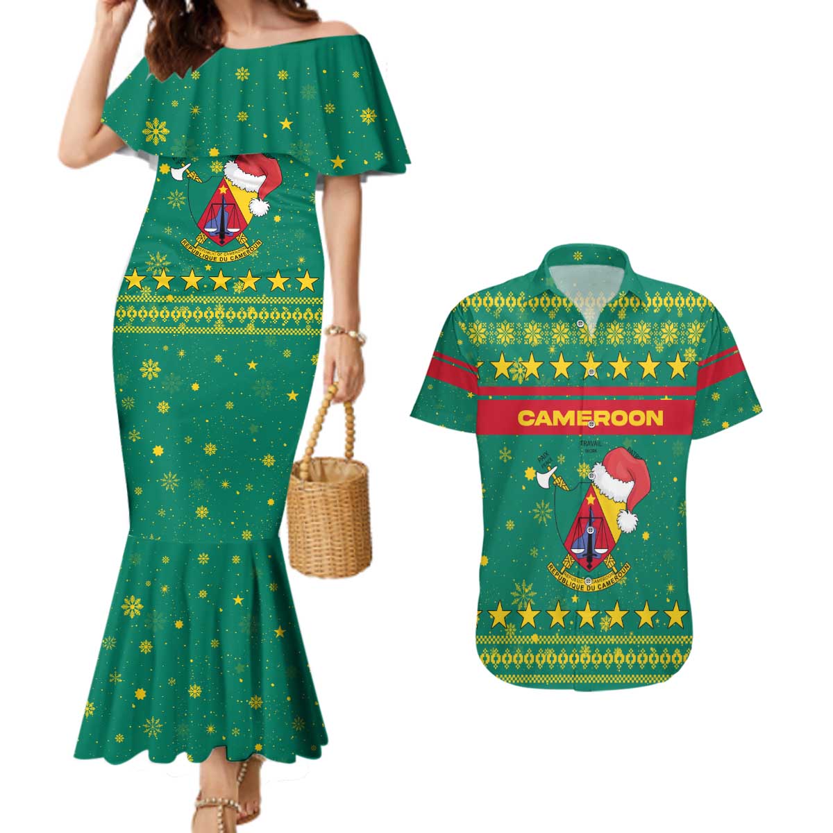 Cameroon Christmas Couples Matching Mermaid Dress and Hawaiian Shirt with Green Red Pattern Coat of Arms Santa Hat and Stars Motif - Wonder Print Shop