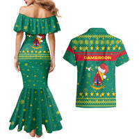 Cameroon Christmas Couples Matching Mermaid Dress and Hawaiian Shirt with Green Red Pattern Coat of Arms Santa Hat and Stars Motif - Wonder Print Shop
