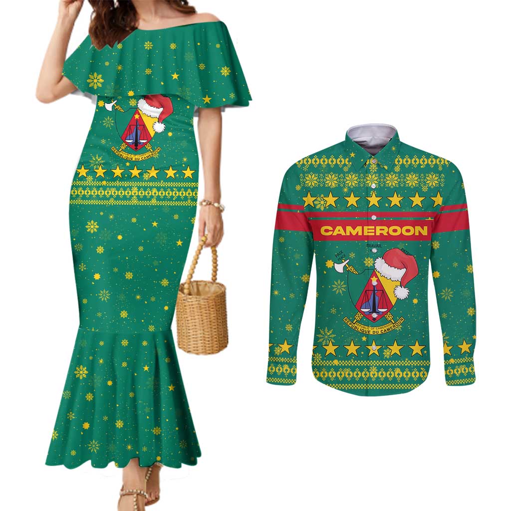 Cameroon Christmas Couples Matching Mermaid Dress and Long Sleeve Button Shirt with Green Red Pattern Coat of Arms Santa Hat and Stars Motif - Wonder Print Shop