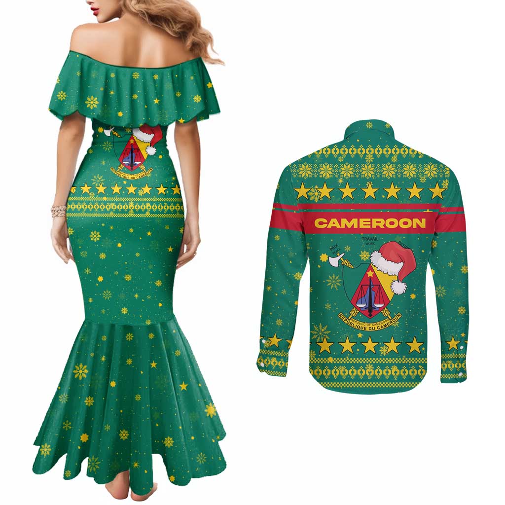 Cameroon Christmas Couples Matching Mermaid Dress and Long Sleeve Button Shirt with Green Red Pattern Coat of Arms Santa Hat and Stars Motif - Wonder Print Shop