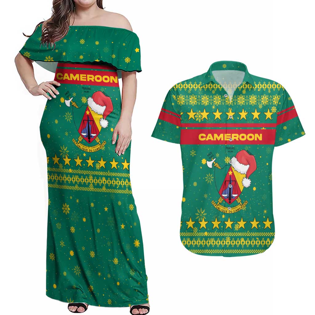 Cameroon Christmas Couples Matching Off Shoulder Maxi Dress and Hawaiian Shirt with Green Red Pattern Coat of Arms Santa Hat and Stars Motif - Wonder Print Shop