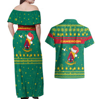 Cameroon Christmas Couples Matching Off Shoulder Maxi Dress and Hawaiian Shirt with Green Red Pattern Coat of Arms Santa Hat and Stars Motif - Wonder Print Shop