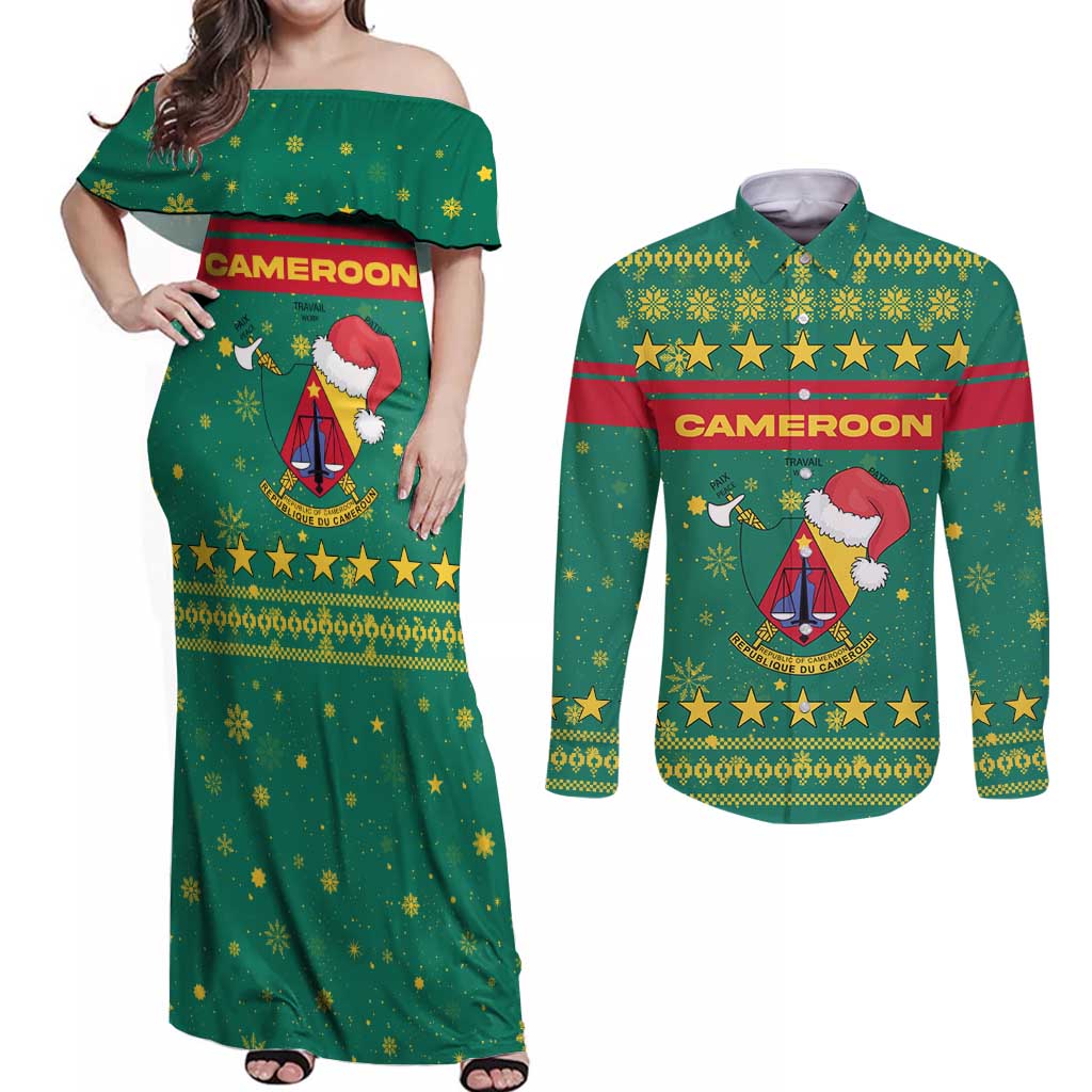 Cameroon Christmas Couples Matching Off Shoulder Maxi Dress and Long Sleeve Button Shirt with Green Red Pattern Coat of Arms Santa Hat and Stars Motif - Wonder Print Shop
