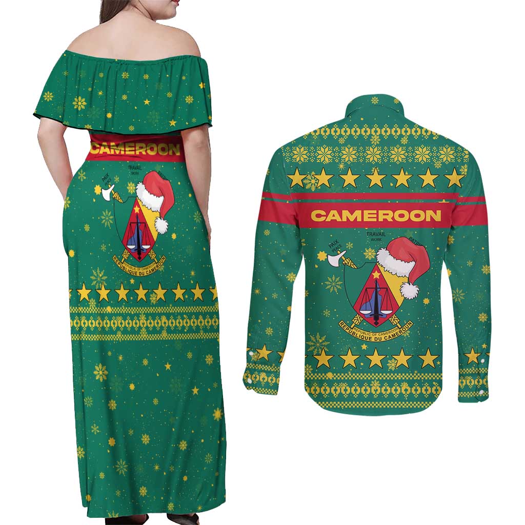 Cameroon Christmas Couples Matching Off Shoulder Maxi Dress and Long Sleeve Button Shirt with Green Red Pattern Coat of Arms Santa Hat and Stars Motif - Wonder Print Shop