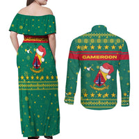 Cameroon Christmas Couples Matching Off Shoulder Maxi Dress and Long Sleeve Button Shirt with Green Red Pattern Coat of Arms Santa Hat and Stars Motif - Wonder Print Shop