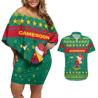 Cameroon Christmas Couples Matching Off Shoulder Short Dress and Hawaiian Shirt with Green Red Pattern Coat of Arms Santa Hat and Stars Motif - Wonder Print Shop