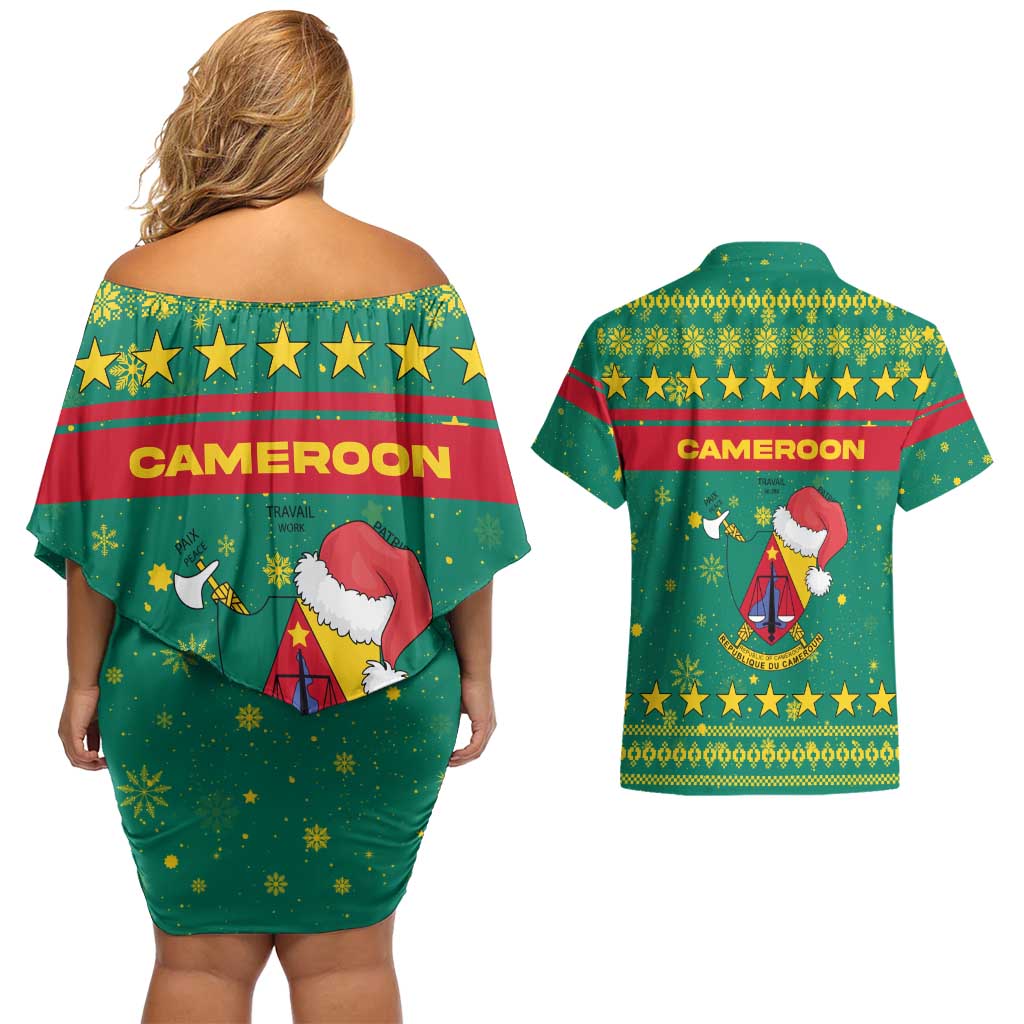 Cameroon Christmas Couples Matching Off Shoulder Short Dress and Hawaiian Shirt with Green Red Pattern Coat of Arms Santa Hat and Stars Motif - Wonder Print Shop