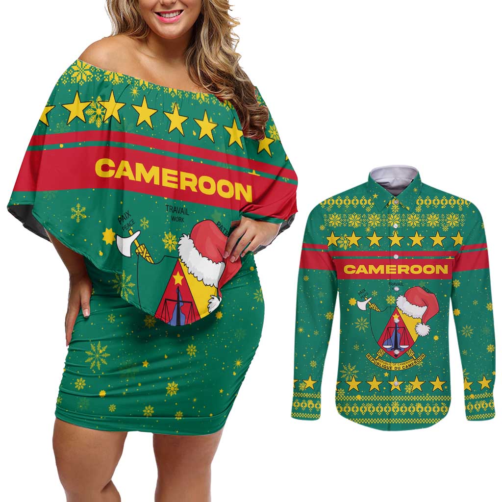 Cameroon Christmas Couples Matching Off Shoulder Short Dress and Long Sleeve Button Shirt with Green Red Pattern Coat of Arms Santa Hat and Stars Motif - Wonder Print Shop