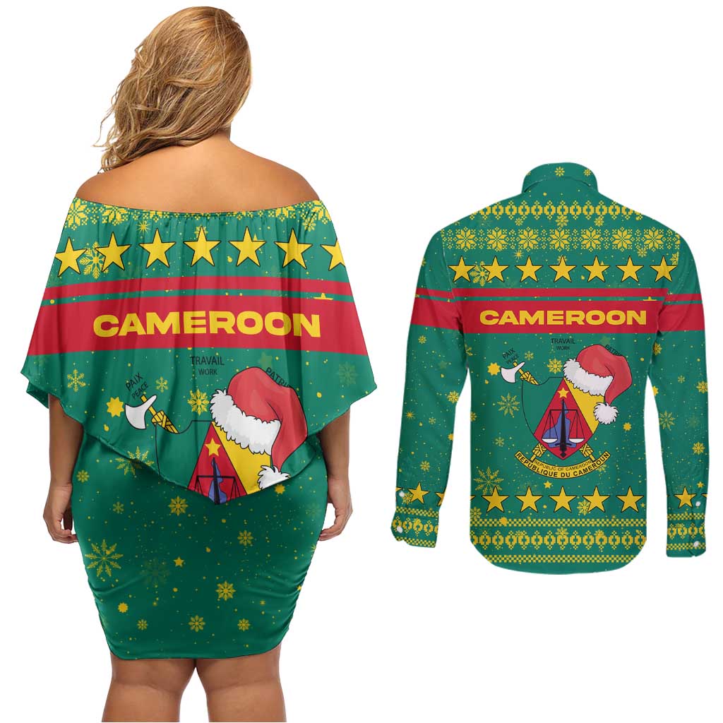 Cameroon Christmas Couples Matching Off Shoulder Short Dress and Long Sleeve Button Shirt with Green Red Pattern Coat of Arms Santa Hat and Stars Motif - Wonder Print Shop