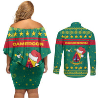 Cameroon Christmas Couples Matching Off Shoulder Short Dress and Long Sleeve Button Shirt with Green Red Pattern Coat of Arms Santa Hat and Stars Motif - Wonder Print Shop