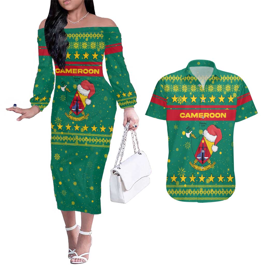 Cameroon Christmas Couples Matching Off The Shoulder Long Sleeve Dress and Hawaiian Shirt with Green Red Pattern Coat of Arms Santa Hat and Stars Motif - Wonder Print Shop