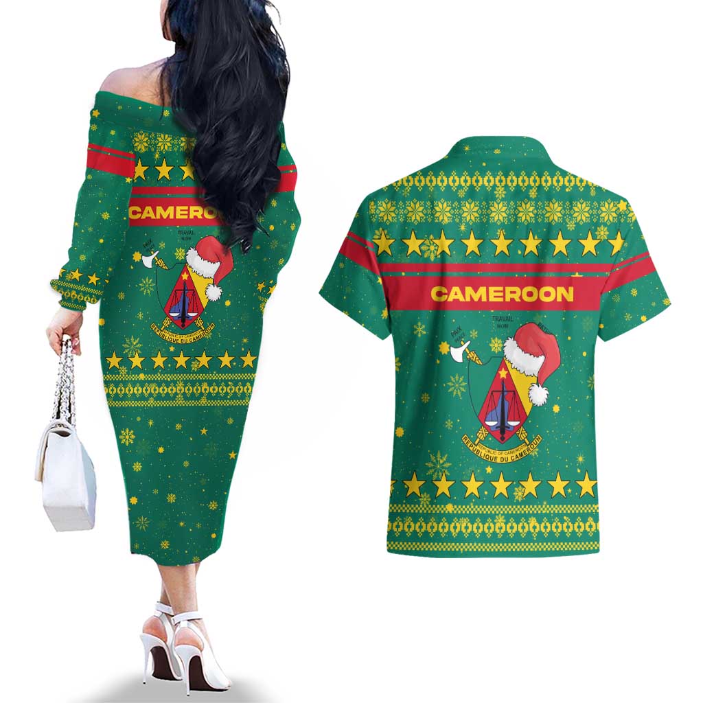 Cameroon Christmas Couples Matching Off The Shoulder Long Sleeve Dress and Hawaiian Shirt with Green Red Pattern Coat of Arms Santa Hat and Stars Motif - Wonder Print Shop