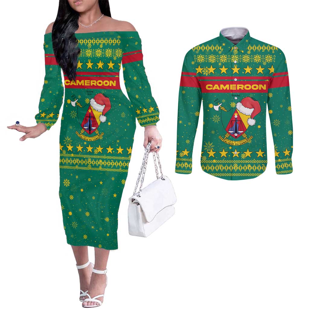 Cameroon Christmas Couples Matching Off The Shoulder Long Sleeve Dress and Long Sleeve Button Shirt with Green Red Pattern Coat of Arms Santa Hat and Stars Motif - Wonder Print Shop