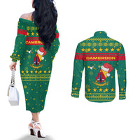 Cameroon Christmas Couples Matching Off The Shoulder Long Sleeve Dress and Long Sleeve Button Shirt with Green Red Pattern Coat of Arms Santa Hat and Stars Motif - Wonder Print Shop