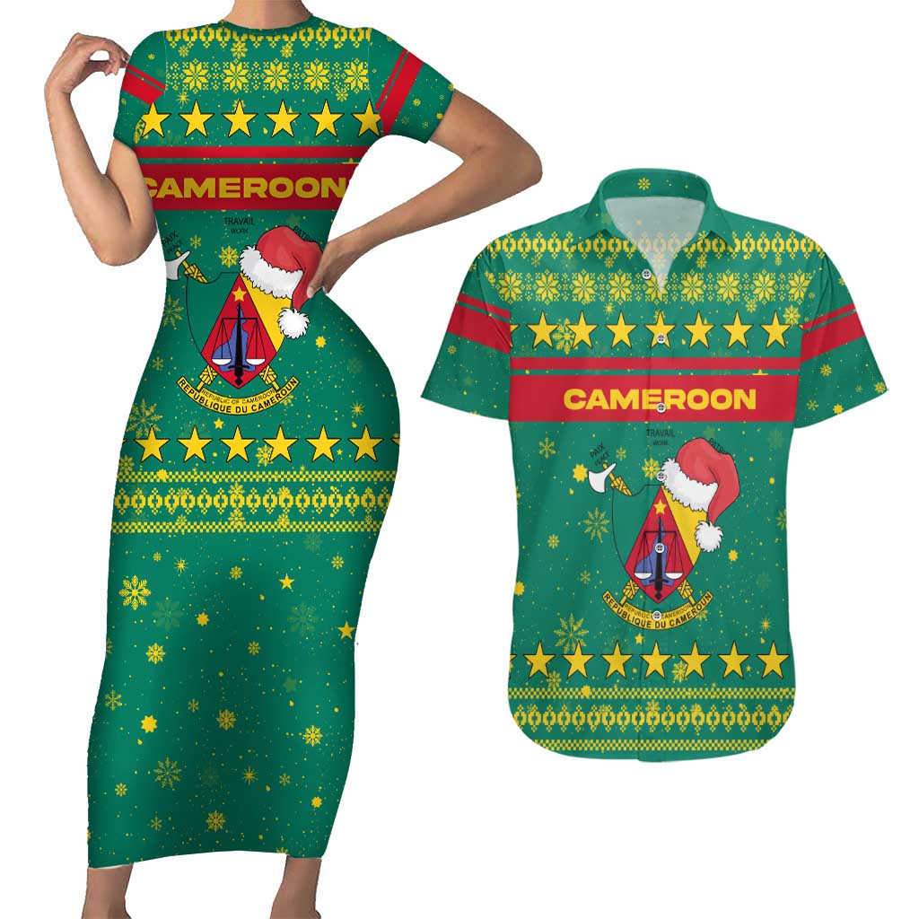 Cameroon Christmas Couples Matching Short Sleeve Bodycon Dress and Hawaiian Shirt with Green Red Pattern Coat of Arms Santa Hat and Stars Motif - Wonder Print Shop