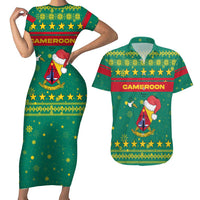 Cameroon Christmas Couples Matching Short Sleeve Bodycon Dress and Hawaiian Shirt with Green Red Pattern Coat of Arms Santa Hat and Stars Motif - Wonder Print Shop