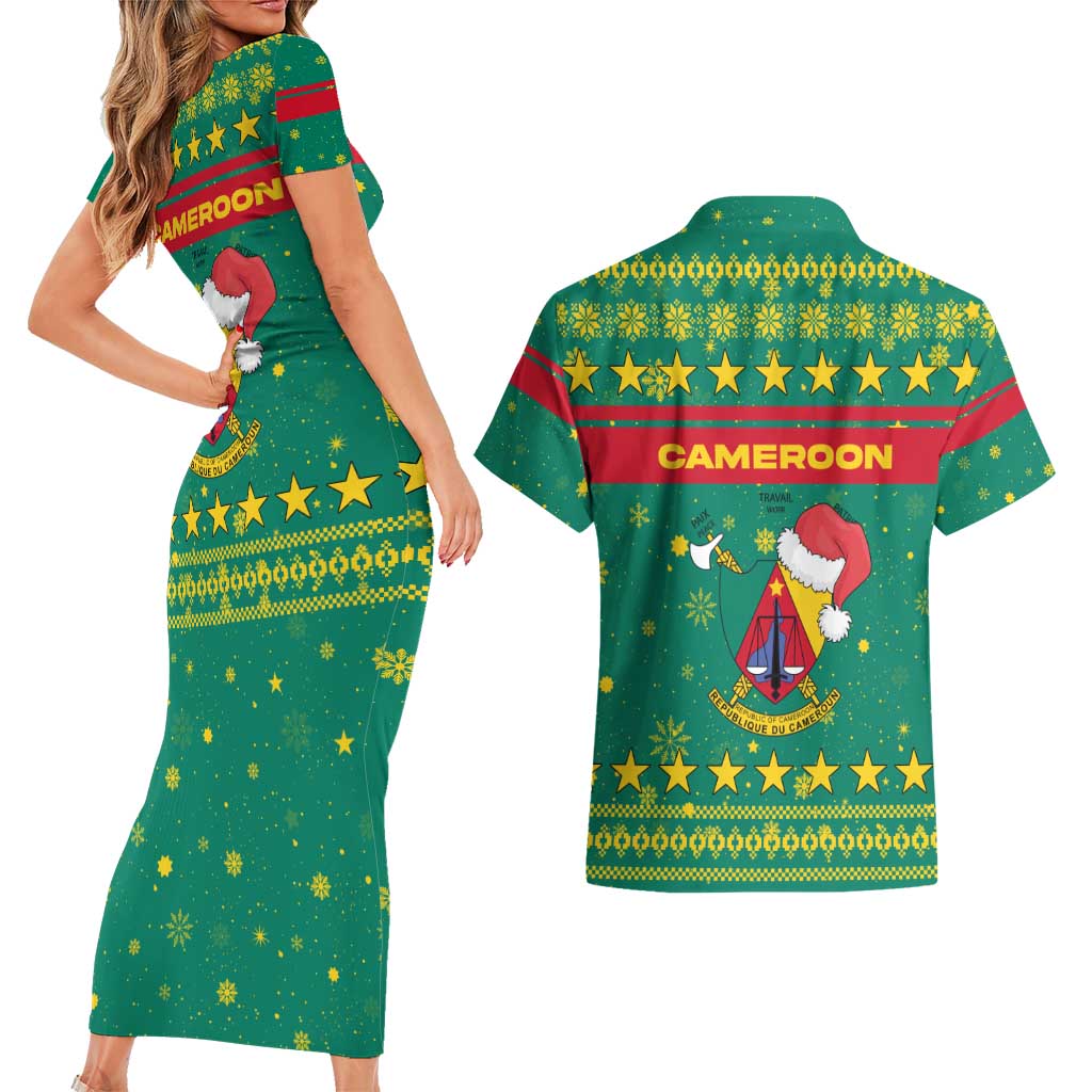 Cameroon Christmas Couples Matching Short Sleeve Bodycon Dress and Hawaiian Shirt with Green Red Pattern Coat of Arms Santa Hat and Stars Motif - Wonder Print Shop
