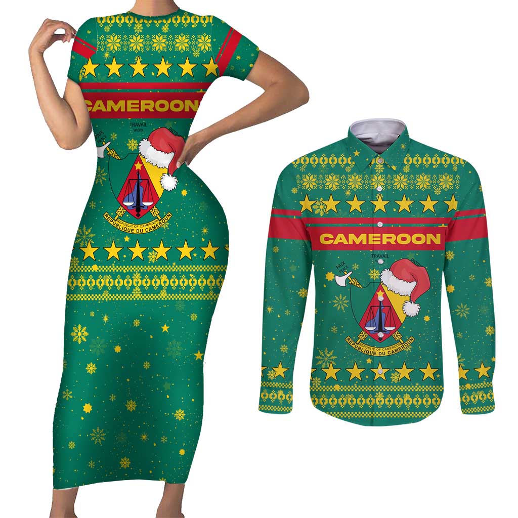 Cameroon Christmas Couples Matching Short Sleeve Bodycon Dress and Long Sleeve Button Shirt with Green Red Pattern Coat of Arms Santa Hat and Stars Motif - Wonder Print Shop