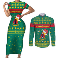Cameroon Christmas Couples Matching Short Sleeve Bodycon Dress and Long Sleeve Button Shirt with Green Red Pattern Coat of Arms Santa Hat and Stars Motif - Wonder Print Shop