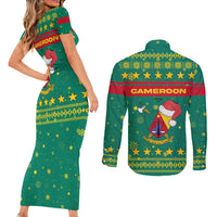 Cameroon Christmas Couples Matching Short Sleeve Bodycon Dress and Long Sleeve Button Shirt with Green Red Pattern Coat of Arms Santa Hat and Stars Motif - Wonder Print Shop