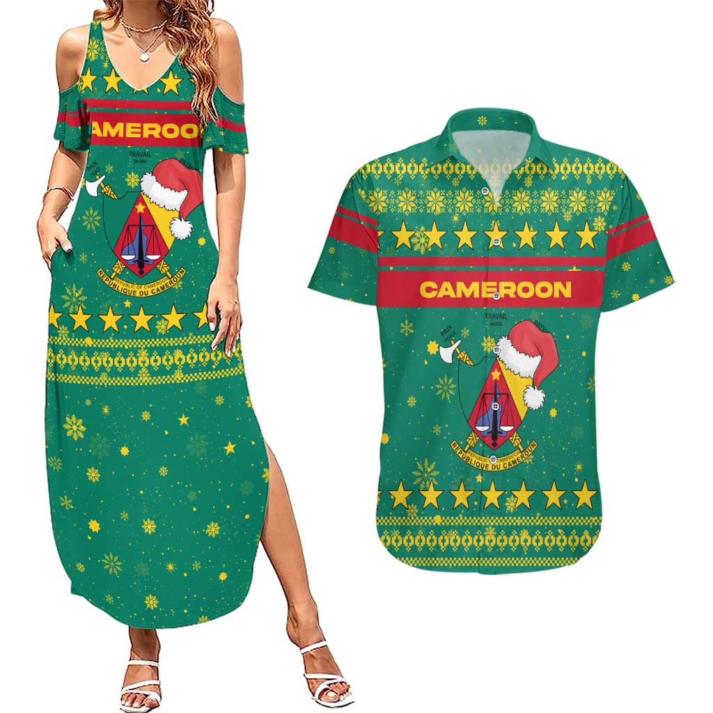 Cameroon Christmas Couples Matching Summer Maxi Dress and Hawaiian Shirt with Green Red Pattern Coat of Arms Santa Hat and Stars Motif - Wonder Print Shop