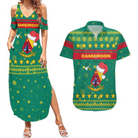 Cameroon Christmas Couples Matching Summer Maxi Dress and Hawaiian Shirt with Green Red Pattern Coat of Arms Santa Hat and Stars Motif - Wonder Print Shop