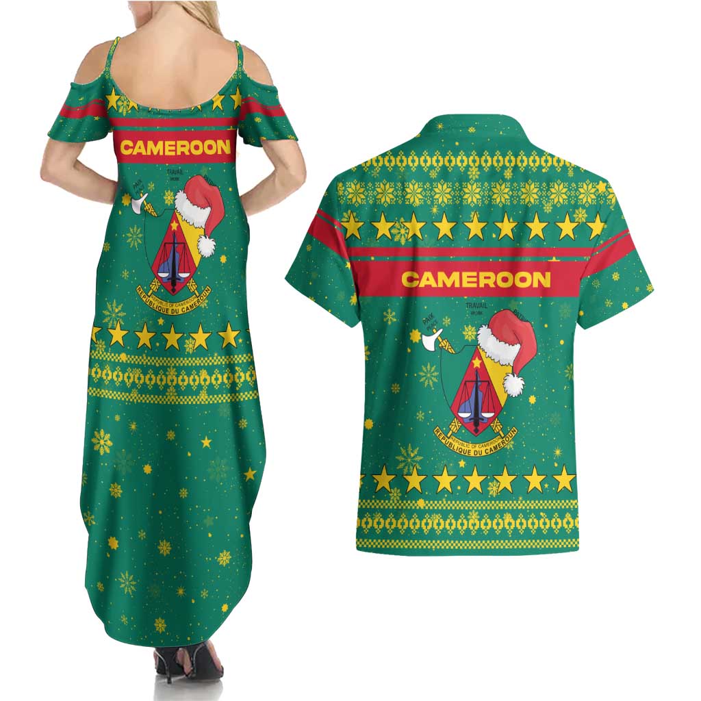 Cameroon Christmas Couples Matching Summer Maxi Dress and Hawaiian Shirt with Green Red Pattern Coat of Arms Santa Hat and Stars Motif - Wonder Print Shop