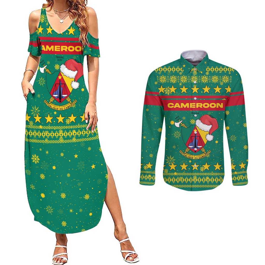 Cameroon Christmas Couples Matching Summer Maxi Dress and Long Sleeve Button Shirt with Green Red Pattern Coat of Arms Santa Hat and Stars Motif - Wonder Print Shop