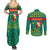 Cameroon Christmas Couples Matching Summer Maxi Dress and Long Sleeve Button Shirt with Green Red Pattern Coat of Arms Santa Hat and Stars Motif - Wonder Print Shop