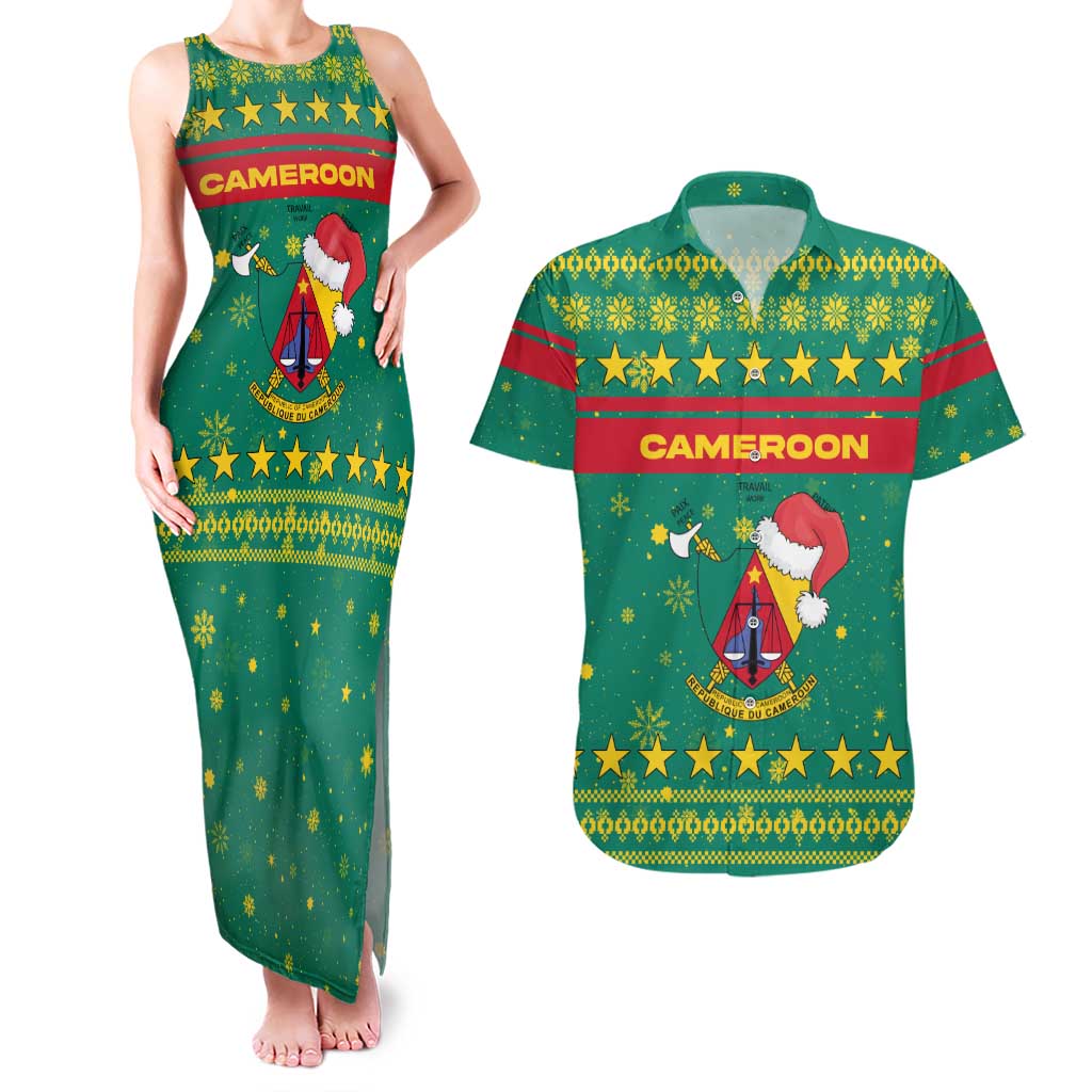 Cameroon Christmas Couples Matching Tank Maxi Dress and Hawaiian Shirt with Green Red Pattern Coat of Arms Santa Hat and Stars Motif - Wonder Print Shop