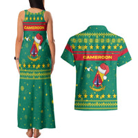 Cameroon Christmas Couples Matching Tank Maxi Dress and Hawaiian Shirt with Green Red Pattern Coat of Arms Santa Hat and Stars Motif - Wonder Print Shop