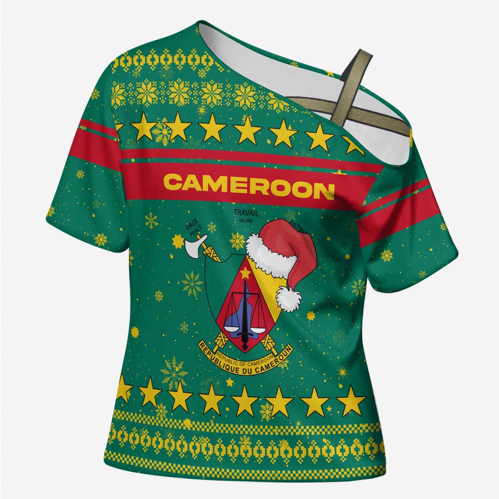 Cameroon Christmas Cross Shoulder Shirt with Green Red Pattern Coat of Arms Santa Hat and Stars Motif - Wonder Print Shop