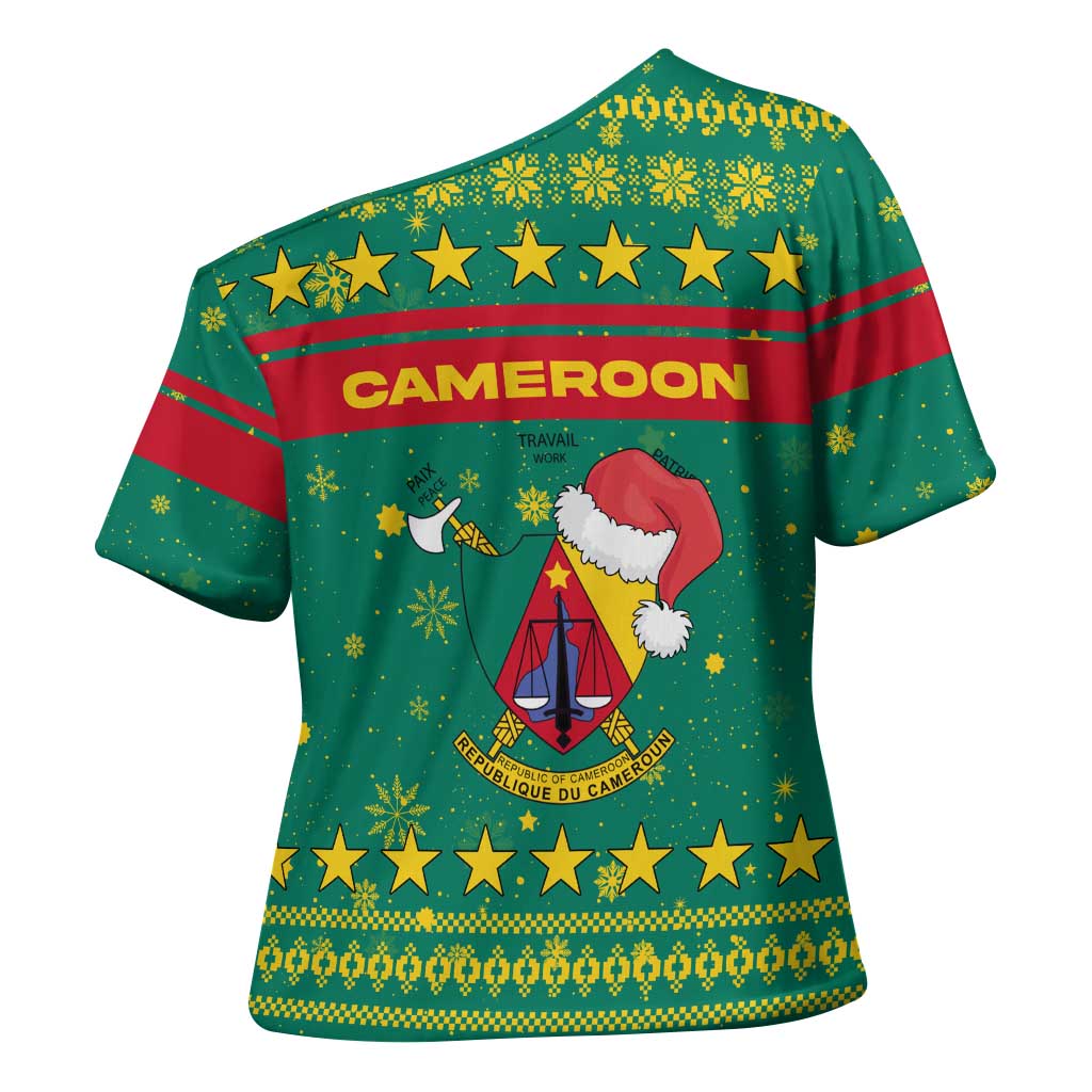 Cameroon Christmas Cross Shoulder Shirt with Green Red Pattern Coat of Arms Santa Hat and Stars Motif - Wonder Print Shop