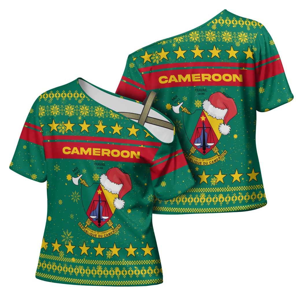 Cameroon Christmas Cross Shoulder Shirt with Green Red Pattern Coat of Arms Santa Hat and Stars Motif - Wonder Print Shop