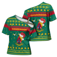 Cameroon Christmas Cross Shoulder Shirt with Green Red Pattern Coat of Arms Santa Hat and Stars Motif - Wonder Print Shop