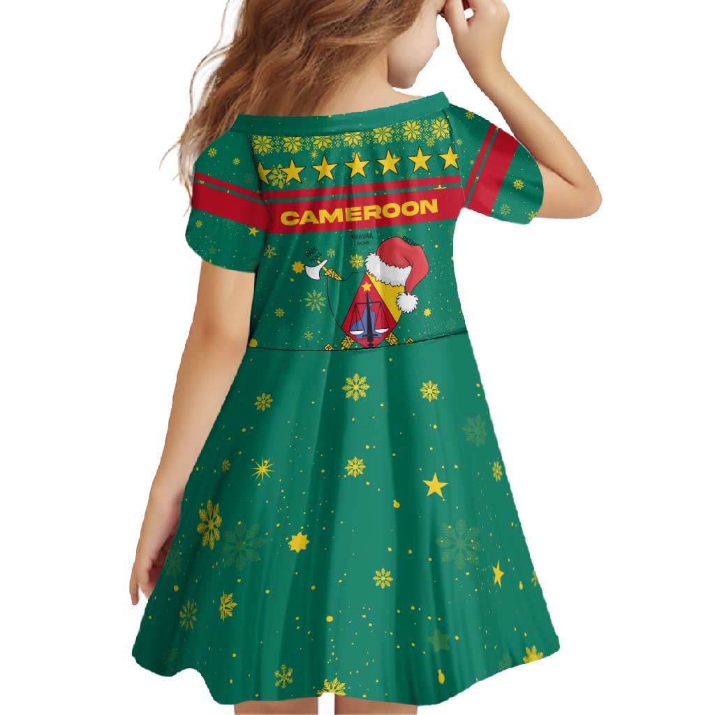 Cameroon Christmas Family Matching Long Sleeve Bodycon Dress and Hawaiian Shirt with Green Red Pattern Coat of Arms Santa Hat and Stars Motif - Wonder Print Shop