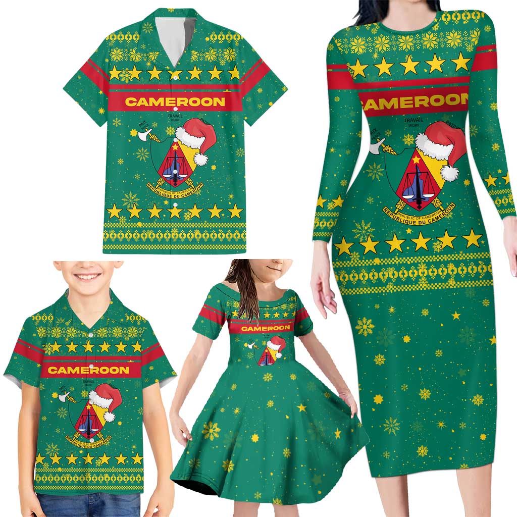 Cameroon Christmas Family Matching Long Sleeve Bodycon Dress and Hawaiian Shirt with Green Red Pattern Coat of Arms Santa Hat and Stars Motif - Wonder Print Shop