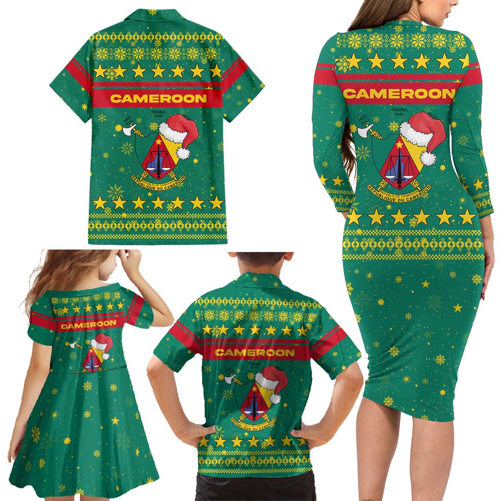 Cameroon Christmas Family Matching Long Sleeve Bodycon Dress and Hawaiian Shirt with Green Red Pattern Coat of Arms Santa Hat and Stars Motif - Wonder Print Shop