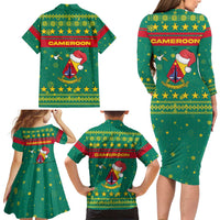 Cameroon Christmas Family Matching Long Sleeve Bodycon Dress and Hawaiian Shirt with Green Red Pattern Coat of Arms Santa Hat and Stars Motif - Wonder Print Shop