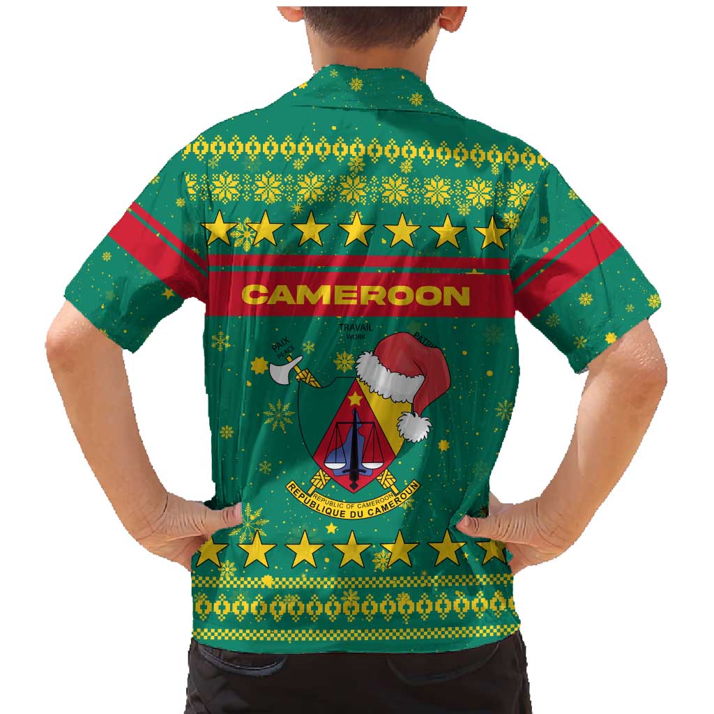 Cameroon Christmas Family Matching Mermaid Dress and Hawaiian Shirt with Green Red Pattern Coat of Arms Santa Hat and Stars Motif - Wonder Print Shop