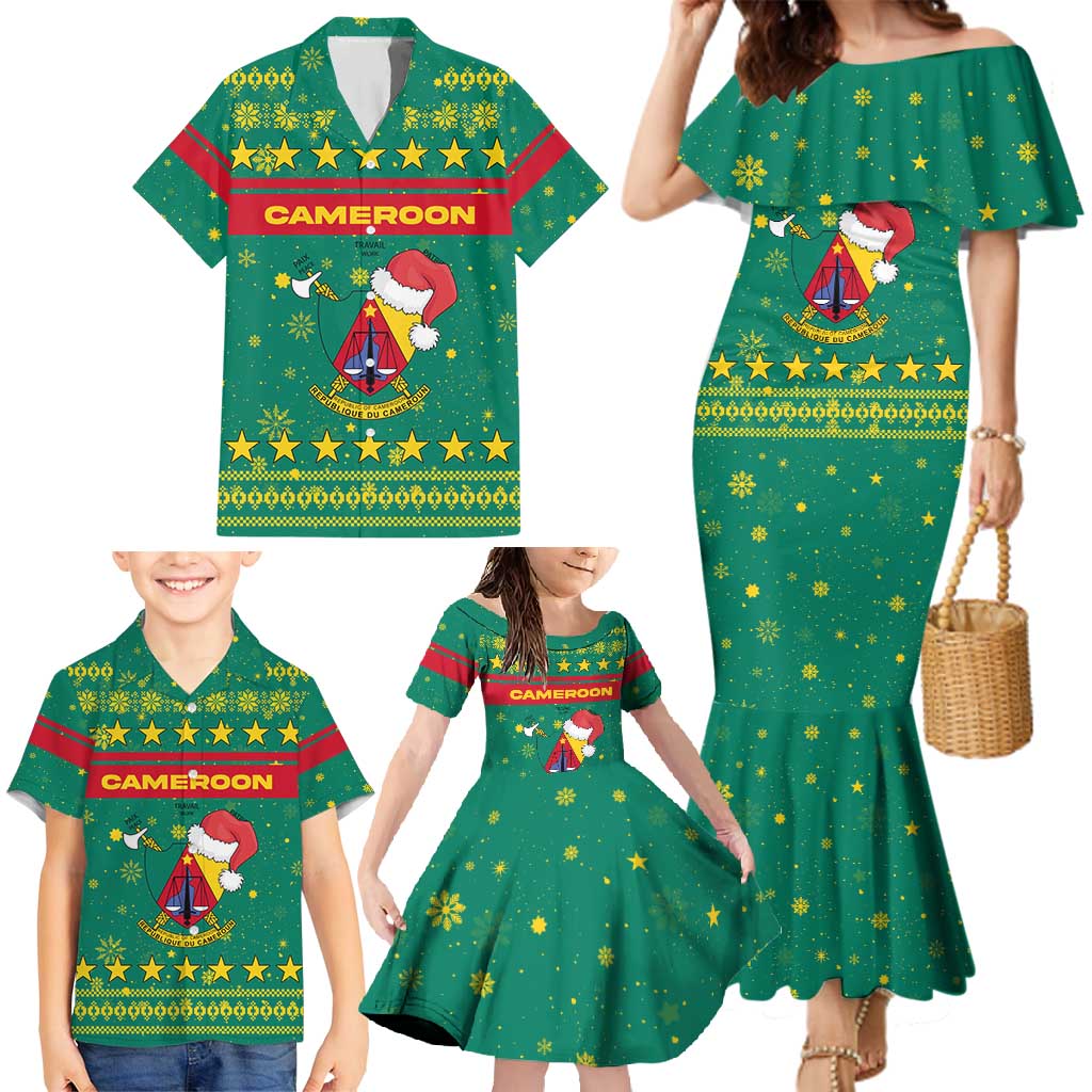 Cameroon Christmas Family Matching Mermaid Dress and Hawaiian Shirt with Green Red Pattern Coat of Arms Santa Hat and Stars Motif - Wonder Print Shop